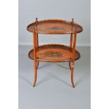 AN EDWARDIAN SATINWOOD WALNUT AND ROSEWOOD BANDED OVAL ETAGERE, wavy gallery with four turned and
