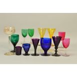 A COLLECTION OF 19TH/20TH CENTURY DRINKING GLASSES, to include Bristol blue rummers, amethyst