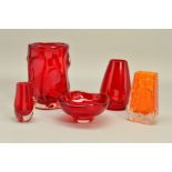 A COLLECTION OF WHITEFRIARS RUBY STUDIO GLASS, to include a knobbly vase, pattern No.9609, a small