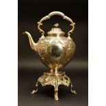 A VICTORIAN EPBS TEA KETTLE ON STAND, of globular form with fixed handle, floral finial above