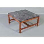 A SQUARE 1960’S/70’S DANISH STYLE TEAK COFFEE TABLE, with a slate veined marble top, 68.5cm