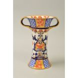 A JAMES MACINTYRE & CO AURELIAN TWIN HANDLED CYLINDRICAL VASE, with flared rims, printed and painted