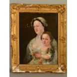 AN 18TH CENTURY STYLE PORTRAIT OF A MOTHER AND CHILD, the child is holding a seashell, unsigned, oil