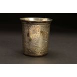 A LATE 19TH CENTURY RUSSIAN SILVER BEAKER, of cylindrical form, flared rim, engraved with two