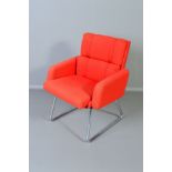 A SCANDINAVIAN STYLE RED UPHOLSTERED OFFICE ARMCHAIR, on a shaped chrome base (condition: sunlight