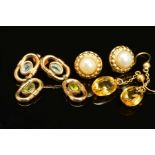 THREE PAIRS OF EARRINGS, the first a pair of studs designed as a cultured pearl within a circular