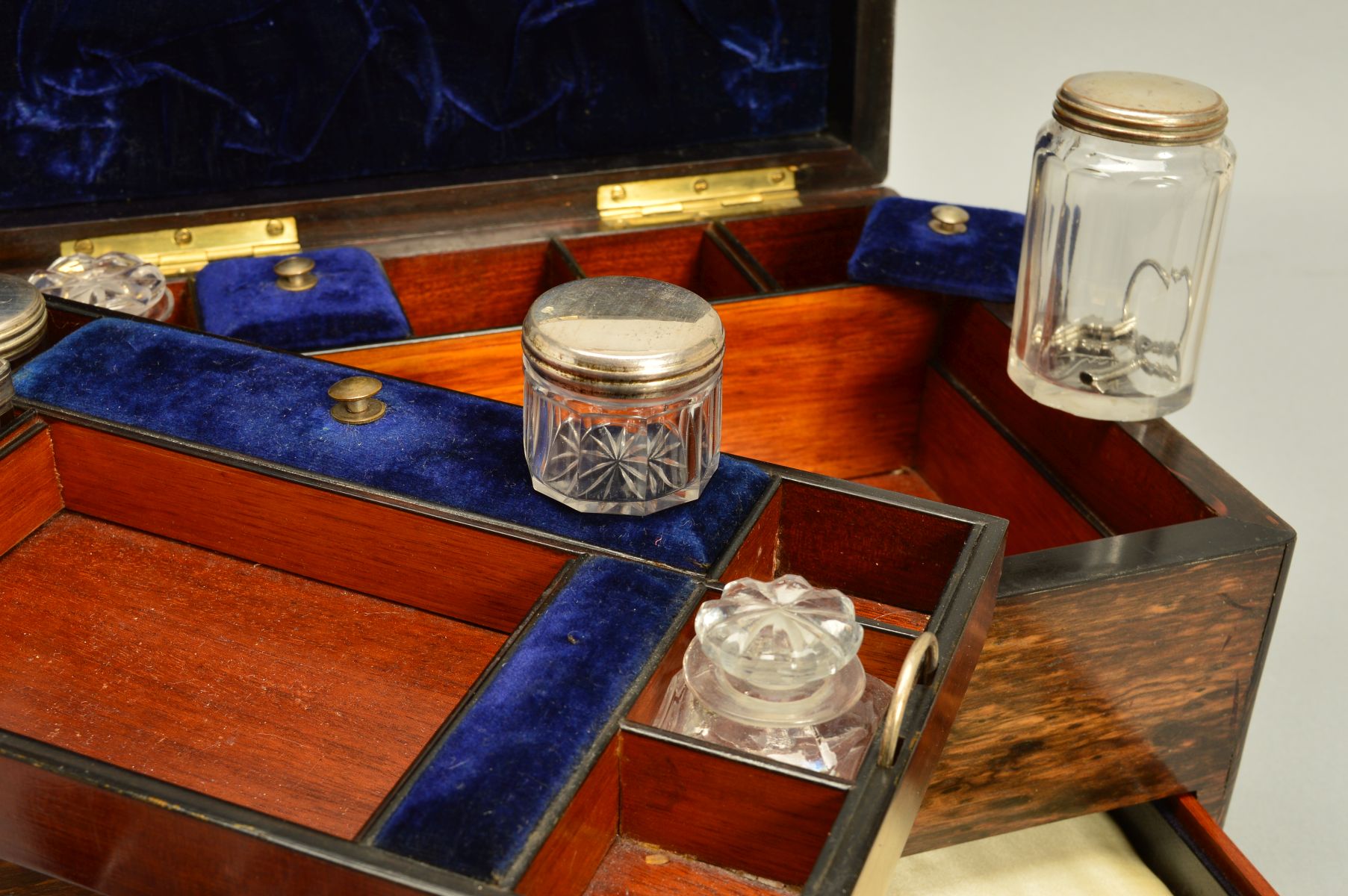 A VICTORIAN COROMANDEL DRESSING CASE, rectangular mother of pearl cartouche to hinged cover and - Image 2 of 6