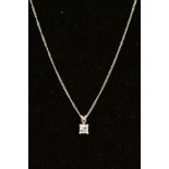 A MODERN PLATINUM SINGLE STONE PRINCESS CUT DIAMOND PENDANT, estimated weight 0.64ct, colour