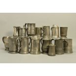 A BOX OF LATE 18TH/19TH CENTURY AND EARLY 20TH CENTURY PEWTER TANKARDS AND LOVING CUPS, one