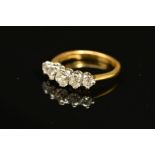 AN 18CT GOLD FIVE STONE DIAMOND RING, the graduated row of old cut diamonds within claw settings,