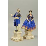 A PAIR OF LATE 18TH/EARLY 19TH CENTURY GERMAN PORCELAIN FIGURES OF A LADY AND GENTLEMAN, both