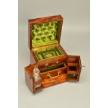 A VICTORIAN WALNUT JEWELLERY AND DRESSING CASE, the hinged lid with carrying handle above double