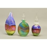 TWO TOM PETIT STUDIO ART GLASS SCENT BOTTLES, the first of globular form with horizontal bands of