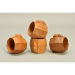 FOUR ROBERT (MOUSEMAN) THOMPSON NAPKIN RINGS, each bearing the trademark carved mouse, height
