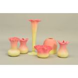 A GROUP OF THOMAS WEBB & SONS QUEENS BURMESE WARE, to include a pair of posy vases, graduated pink