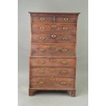 A GEORGE III MAHOGANY CHEST ON CHEST, the upper section with moulded cornice above two short and