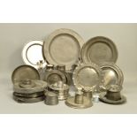 A BOX OF PEWTER PLATES, INKWELLS AND WARMING DISHES, etc, mostly Victorian, diameter of largest