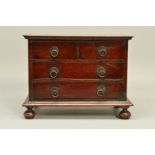 A SECOND HALF OF THE 20TH CENTURY MINIATURE WALNUT AND STAINED CHEST OF TWO SHORT AND TWO LONG