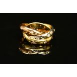 A MODERN PICCHIOTTI 18CT GOLD DIAMOND SET RUSSIAN WEDDING RING, three colour bands each rub over set