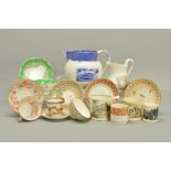 A GROUP OF 19TH CENTURY TRANSFER PRINTED WARES AND ENGLISH PORCELAIN TEA CUPS AND SAUCERS, to