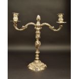 A VICTORIAN SILVER CANDELABRUM, the removable two branch section cast with foliate scrolls and