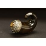 A VICTORIAN SCOTTISH HORN SNUFF MULL, hinged white metal domed cover with inset smokey quartz