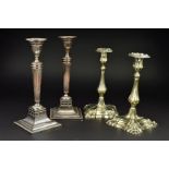 A PAIR OF LATE 19TH CENTURY NEO-CLASSICAL STYLE SHEFFIELD PLATE CANDLESTICKS, detachable sconces,