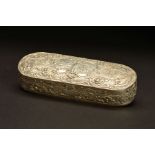 A 19TH CENTURY CONTINENTAL SILVER TABLE BOX, of oval form, probably Dutch, repousse decorated to the
