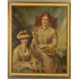 AN EDWARDIAN STYLE PORTRAIT OF TWO FEMALE FIGURES, three quarter length, one seated, one standing,