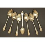 A SET OF SIX GEORGE III SCOTTISH SILVER CELTIC POINT DESSERT SPOONS, all engraved with an initial,