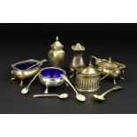 A PARCEL OF SILVER CRUET ITEMS, including a three piece set of shaped oval form with cast rims and