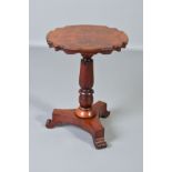 A VICTORIAN WALNUT OCCASIONAL TABLE, the shaped rectangular top on an octagonal and turned pedestal,