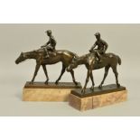 A PAIR OF EARLY 20TH CENTURY BRONZED METAL FIGURES OF HORSES AND JOCKEYS, on rectangular bases,