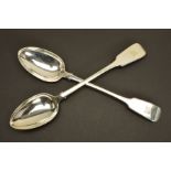 A PAIR OF WILLIAM IV SILVER FIDDLE PATTERN BASTING SPOONS, engraved boar's head crest, maker William
