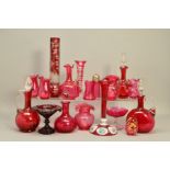 A COLLECTION OF 19TH AND 20TH CENTURY CRANBERRY GLASS, to include decanters, jugs, vases, etc,