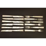 A SET OF SIX VICTORIAN SILVER AESTHETIC STYLE DESSERT KNIVES AND FORKS, engraved foliate