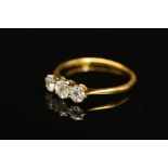 A THREE STONE DIAMOND RING, designed as three graduated diamonds, two old cut and one brilliant cut,