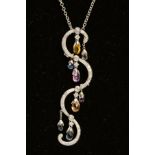 A MODERN 18CT WHITE GOLD FANCY SCROLL DESIGN MULTI COLOURED SAPPHIRE AND DIAMOND PENDANT,