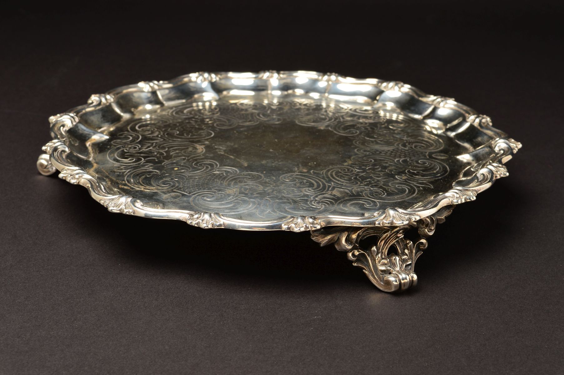 A VICTORIAN SILVER SALVER, of circular form, with foliate cast wavy rim above pie crust border, - Image 3 of 6
