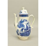 A LATE 18TH CENTURY CAUGHLEY COFFEE POT AND COVER, transfer printed in blue with Fisherman and