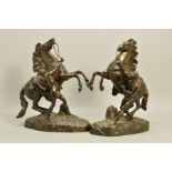 A PAIR OF 19TH CENTURY BRONZE MARLY HORSES, After Coustou, heights 41cm and 40.5cm x length of bases