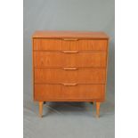 AN AUSTIN SUITE TEAK CHEST OF FOUR LONG GRADUATED DRAWERS, with shaped handles, on square tapering