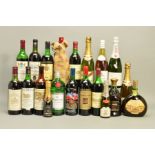 A COLLECTION OF WINE, PORT, GIN AND SHERRY, including a Horeau Beylot Bordeaux, a 50eme
