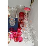 VARIOUS CUT/COLOURED GLASSWARES, to include a Bohemian white overlay on cranberry glass lustre