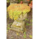 AN OCTAGONAL ECCLESIASTICAL STONE PLANTER with quatrefoil design to perimeter on a seperate base,