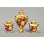 THREE PIECES AYNSLEY 'ORCHARD GOLD', to include twin handled urn, signed D Jones, approximate height