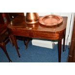 A GEORGIAN WALNUT AND STRUNG FOLD OVER CARD TABLE having canted front corners, green baize