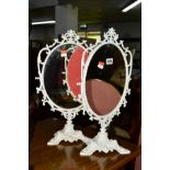 A PAIR OF WHITE PAINTED WROUGHT IRON DRESSING MIRRORS with scrolled and foliate decoration