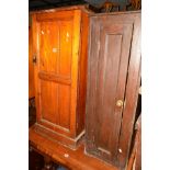 A VICTORIAN PINE PANELLED SINGLE DOOR CUPBOARD, width 50cm x depth 32cm x height 111cm and a stained
