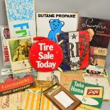 A BOX OF VINTAGE ADVERTISING SIGNS, etc, to include a Worthington pub menu holder, Snowfire Beauty